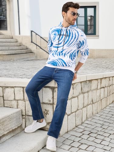 Status Quo Men's Tie-Dye Print Hooded Fleece Sweatshirt with Kangaroo Pocket | 60% Cotton 40% Polyester | White | M Size