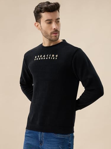 Status Quo Men's Solid Chest Typography Print Round Neck Full Sleeves Textured Sweatshirt | 99% Polyester 1% Lycra | Black | M Size