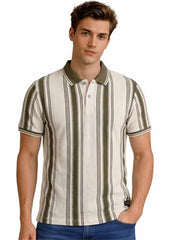 Status Quo men's olive striped textured polo T-shirt with short sleeves, casual and stylish upper wear.