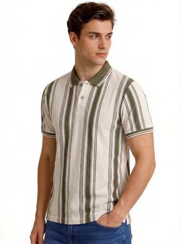 Status Quo men's olive striped textured polo T-shirt with short sleeves, casual fit, and classic collar.