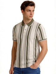 Status Quo men's olive striped textured polo T-shirt with short sleeves, casual fit, and classic collar.