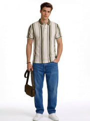 Status Quo olive striped textured polo t-shirt for men, short sleeve, casual upper wear with a classic fit.