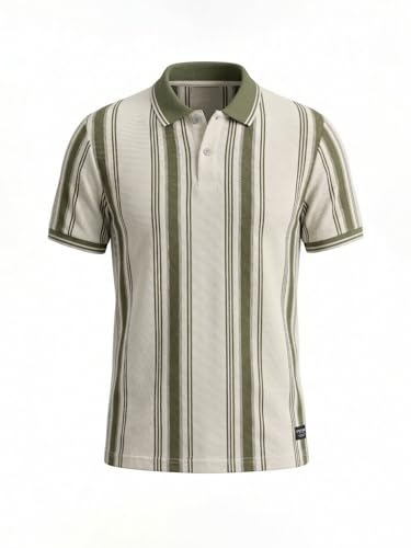 Status Quo men's olive striped textured polo t-shirt, long-sleeve upper casual wear with striped pattern and textured fabric.