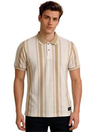 Status Quo Beige Striped Textured Polo T-Shirt