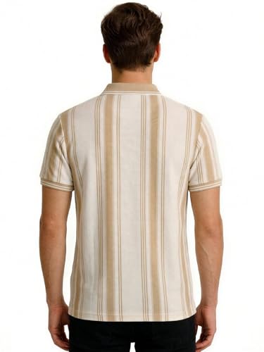 Status Quo Beige Striped Textured Polo T-Shirt