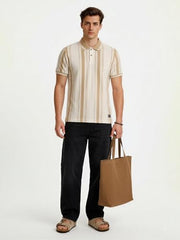 Status Quo Beige Striped Textured Polo T-Shirt