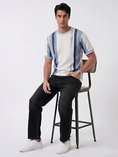 Status Quo Grey & Blue Textured Stripe T-Shirt