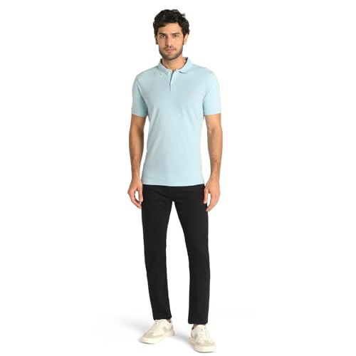 Blackberry Men Yonk Fit Skinny Stretchable Navy Jeans, size 34, displayed on a hanger with visible stretch fabric and detailed stitching.