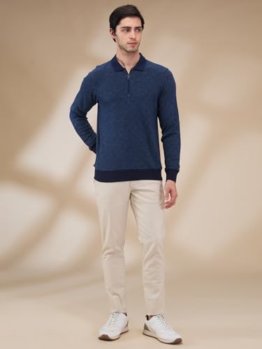 Parx Men Regular Fit Jacquard Pattern Cotton Polyester Blend Full Sleeve Polo Neck Casual T-Shirt (Size: 46)-XCKD00439-B8 Dark Blue