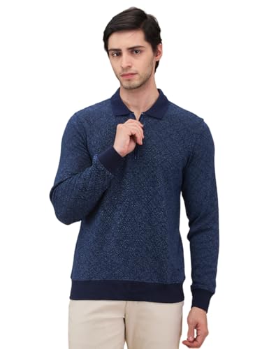 Parx Men Regular Fit Jacquard Pattern Cotton Polyester Blend Full Sleeve Polo Neck Casual T-Shirt (Size: 46)-XCKD00439-B8 Dark Blue