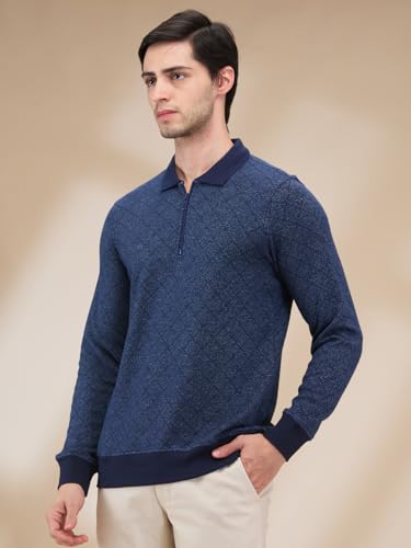 Parx Men Regular Fit Jacquard Pattern Cotton Polyester Blend Full Sleeve Polo Neck Casual T-Shirt (Size: 46)-XCKD00439-B8 Dark Blue