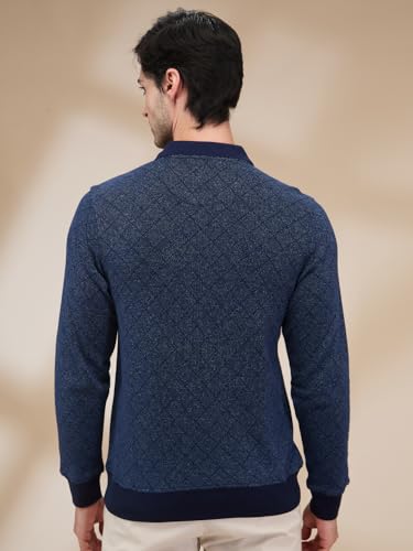 Parx Men Regular Fit Jacquard Pattern Cotton Polyester Blend Full Sleeve Polo Neck Casual T-Shirt (Size: 46)-XCKD00439-B8 Dark Blue