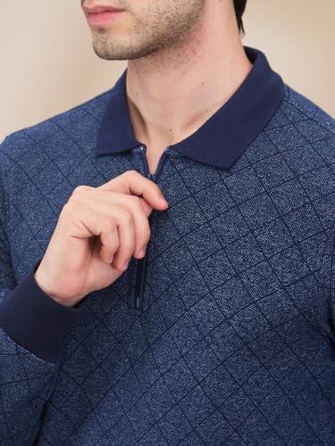Parx Men Regular Fit Jacquard Pattern Cotton Polyester Blend Full Sleeve Polo Neck Casual T-Shirt (Size: 46)-XCKD00439-B8 Dark Blue