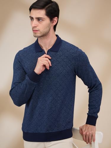 Parx Men Regular Fit Jacquard Pattern Cotton Polyester Blend Full Sleeve Polo Neck Casual T-Shirt (Size: 46)-XCKD00439-B8 Dark Blue