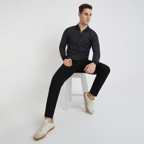 Parx Men Regular Fit Jacquard Pattern Cotton Polyester Blend Full Sleeve Polo Neck Casual T-Shirt (Size: 39)-XCKD00439-K8 Black