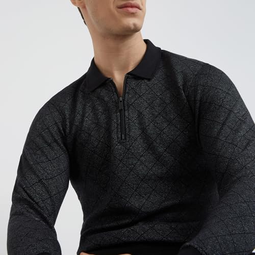 Parx Men Regular Fit Jacquard Pattern Cotton Polyester Blend Full Sleeve Polo Neck Casual T-Shirt (Size: 39)-XCKD00439-K8 Black