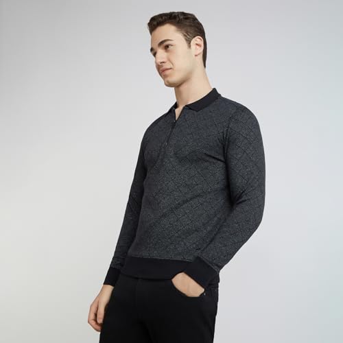 Parx Men Regular Fit Jacquard Pattern Cotton Polyester Blend Full Sleeve Polo Neck Casual T-Shirt (Size: 39)-XCKD00439-K8 Black