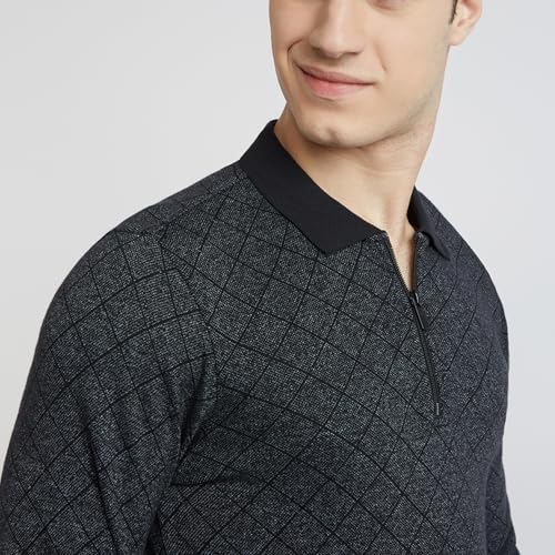 Parx Men Regular Fit Jacquard Pattern Cotton Polyester Blend Full Sleeve Polo Neck Casual T-Shirt (Size: 39)-XCKD00439-K8 Black