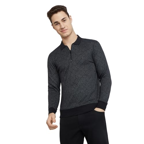 Parx Men Regular Fit Jacquard Pattern Cotton Polyester Blend Full Sleeve Polo Neck Casual T-Shirt (Size: 39)-XCKD00439-K8 Black
