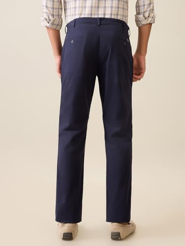 Colorplus Men Slim Fit Solid Piece Dyed Pattern Cotton Elastane Blend Flat Front Casual Trouser Blue