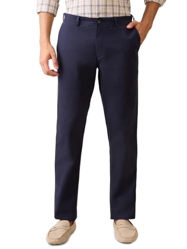 Colorplus Men Slim Fit Solid Piece Dyed Pattern Cotton Elastane Blend Flat Front Casual Trouser Blue