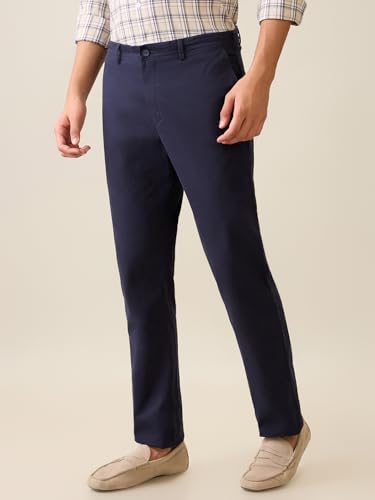 Colorplus Men Slim Fit Solid Piece Dyed Pattern Cotton Elastane Blend Flat Front Casual Trouser Blue