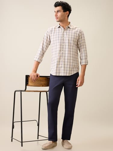 Colorplus Men Slim Fit Solid Piece Dyed Pattern Cotton Elastane Blend Flat Front Casual Trouser Blue