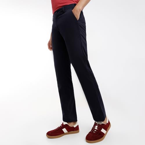 Colorplus Men Slim Fit Plain Pattern Cotton Blend Flat Front Casual Trouser (Size: 32)-CMTR12024-B8 Dark Blue