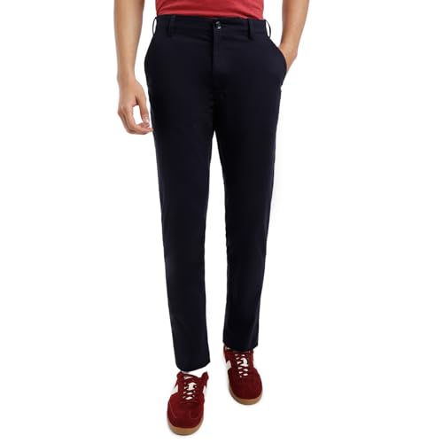 Colorplus Men Slim Fit Plain Pattern Cotton Blend Flat Front Casual Trouser (Size: 32)-CMTR12024-B8 Dark Blue