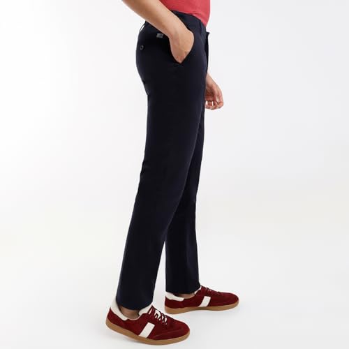Colorplus Men Slim Fit Plain Pattern Cotton Blend Flat Front Casual Trouser (Size: 32)-CMTR12024-B8 Dark Blue