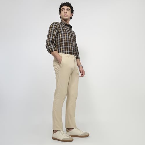 Colorplus Men Slim Fit Twill Pattern Cotton Blend Flat Front Casual Trouser Fawn