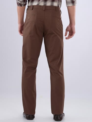 Dark brown Color Plus men's slim fit twill cotton blend casual trousers with flat front and casual style, shown on a model.