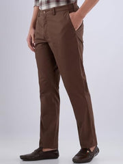 Men's slim fit dark brown cotton blend casual trousers by Color Plus, flat front twill pattern, casual lower wear.