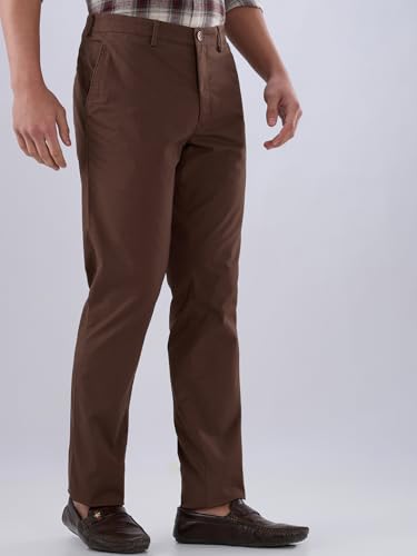 Colorplus men's slim fit dark brown twill casual trousers with flat front and cotton blend fabric, suitable for everyday wear