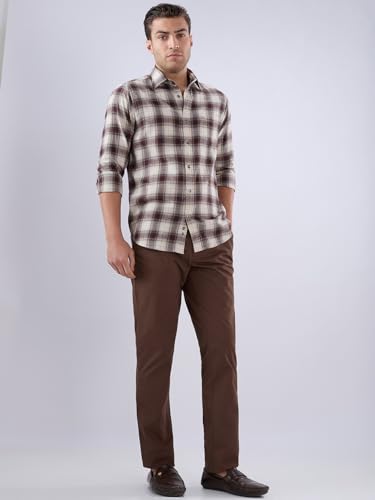 Colorplus men's slim fit twill cotton blend casual trousers in dark brown with flat front and tailored fit.