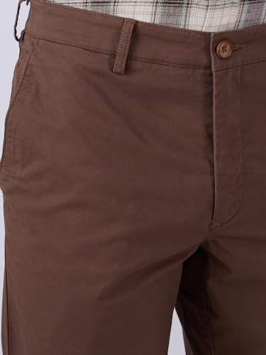 Colorplus men's slim fit twill casual trousers in dark brown, cotton blend with flat front design.