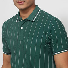 Colorplus Men Regular Fit Stripe Pattern Pure Cotton Half Sleeve Polo Neck Casual T-Shirt Medium Green