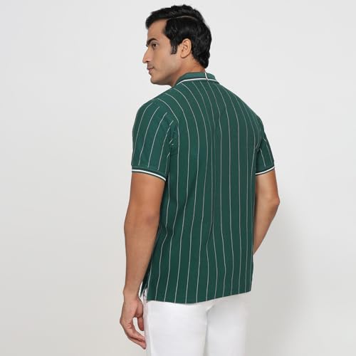 Colorplus Men Regular Fit Stripe Pattern Pure Cotton Half Sleeve Polo Neck Casual T-Shirt Medium Green