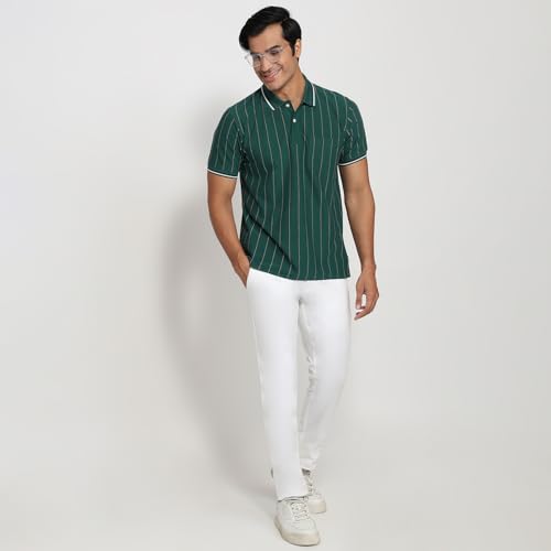 Colorplus Men Regular Fit Stripe Pattern Pure Cotton Half Sleeve Polo Neck Casual T-Shirt Medium Green
