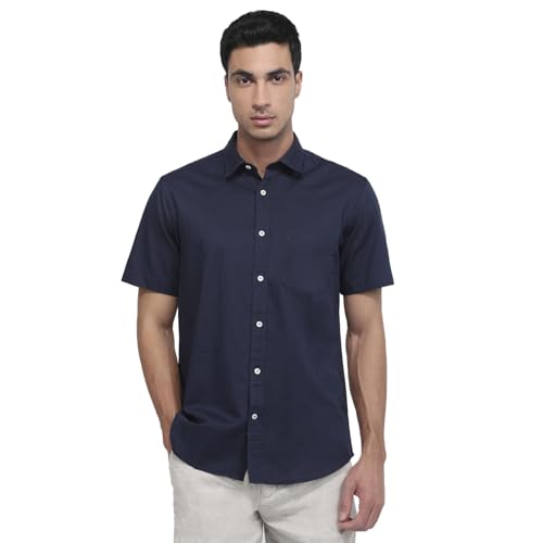 Colorplus Men Regular Fit Solid Pattern Cotton Linen Blend Plain Collar Half Sleeve Casual Shirt Dark Blue