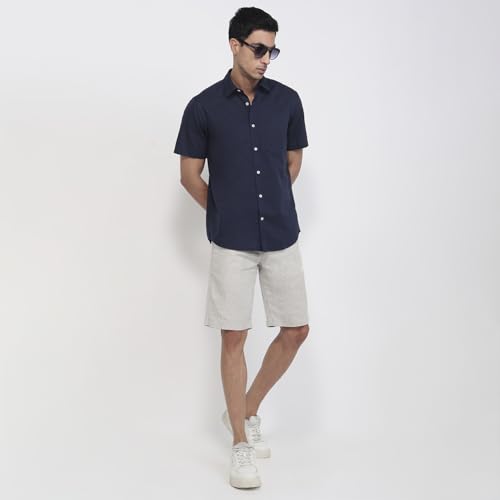 Colorplus Men Regular Fit Solid Pattern Cotton Linen Blend Plain Collar Half Sleeve Casual Shirt Dark Blue
