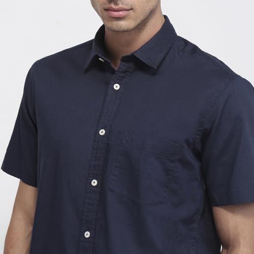 Colorplus Men Regular Fit Solid Pattern Cotton Linen Blend Plain Collar Half Sleeve Casual Shirt Dark Blue