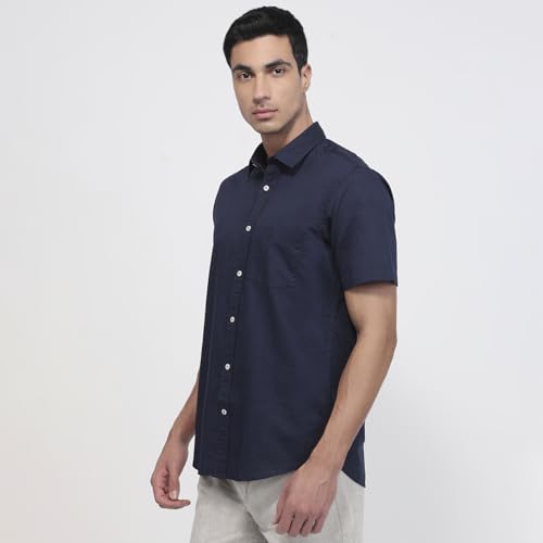 Colorplus Men Regular Fit Solid Pattern Cotton Linen Blend Plain Collar Half Sleeve Casual Shirt Dark Blue