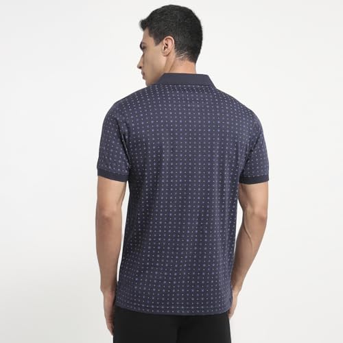 Colorplus men's dark blue cotton polo T-shirt with print pattern, regular fit, half sleeves, casual style.