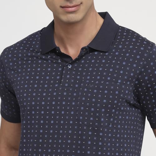 Dark blue Colorplus men's regular fit cotton polo t-shirt with print pattern, half sleeves and casual style.