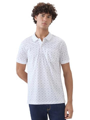 Colorplus men's white cotton polo shirt with print pattern, regular fit, short sleeves, casual T-shirt for everyday wear.