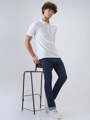 Colorplus men's white cotton polo T-shirt with print pattern, regular fit, half sleeves, casual style, front view.