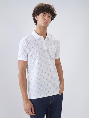 Colorplus men's white cotton polo shirt with print pattern, regular fit, half sleeves, casual T-shirt for men.