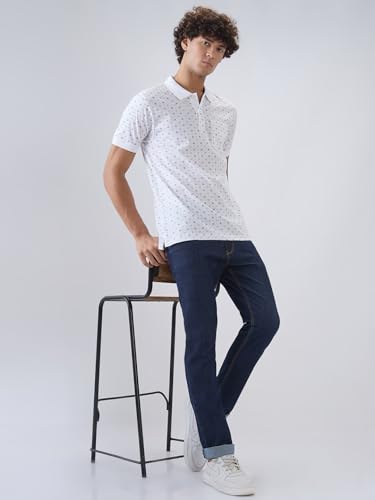 White men's Color Plus regular fit cotton polo shirt with print pattern, half sleeves, and polo collar, casual and comfortable.