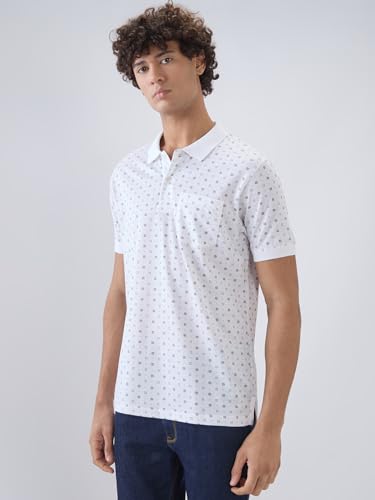 Colorplus men's white cotton polo T-shirt with print pattern, regular fit, half sleeves, casual style, front view.